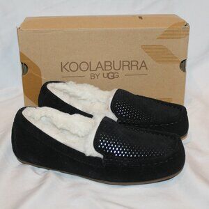 NIB UGG KOOLABURRA‎ LEZLY PERF WOMEN'S SUEDE FUR LINED SLIPPERS BLACK